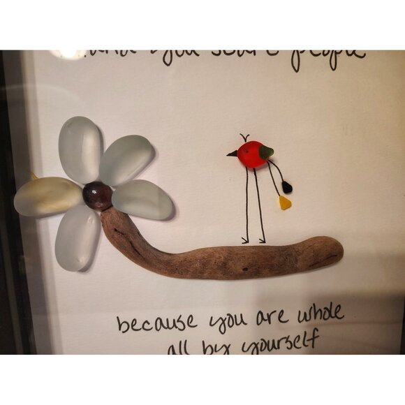 Handmade Rock Pebble Art, Flower Bird Driftwood, Whole all By Yourself Framed - Picture 2 of 3